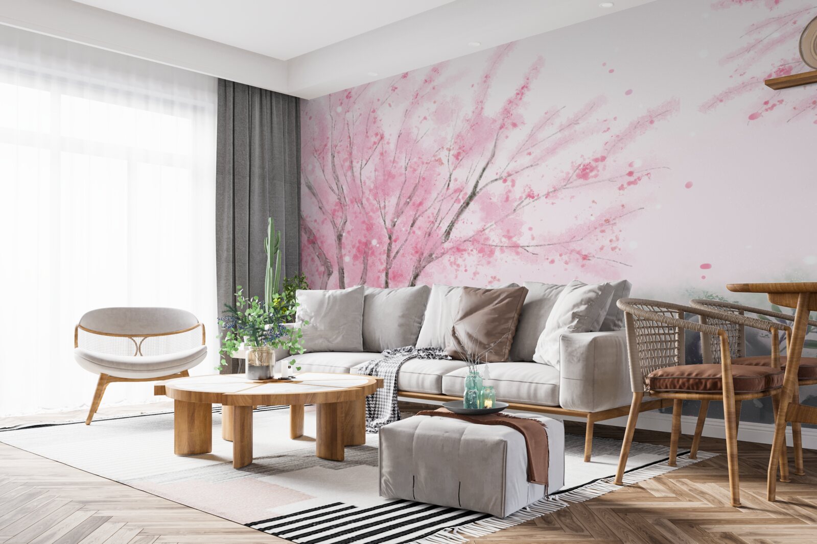 Papier peint le sakura près de l'étang est peint en rose