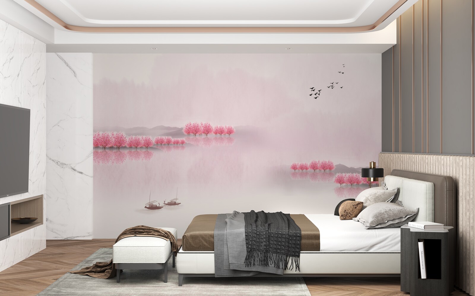 Papier peint des étangs tranquilles et des lisières de forêts roses