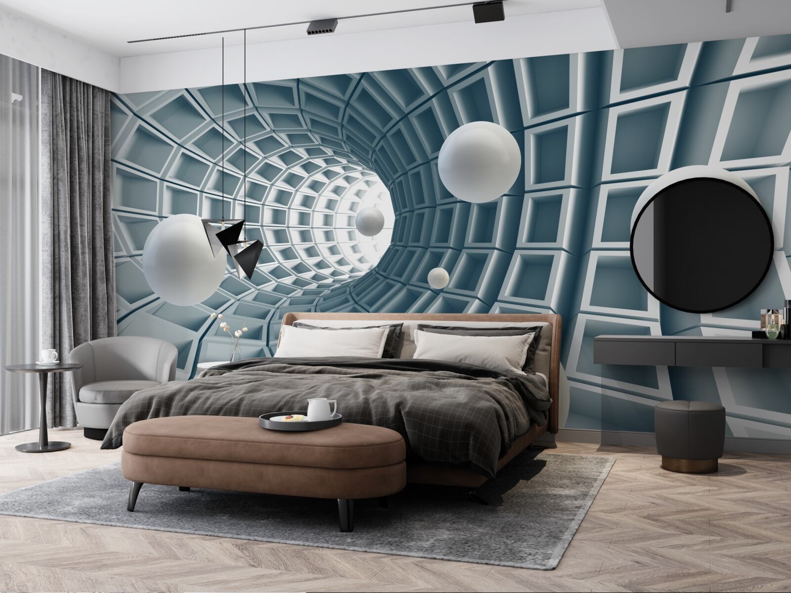Papier peint tunnel azur avec des ballons flottant dans l'air