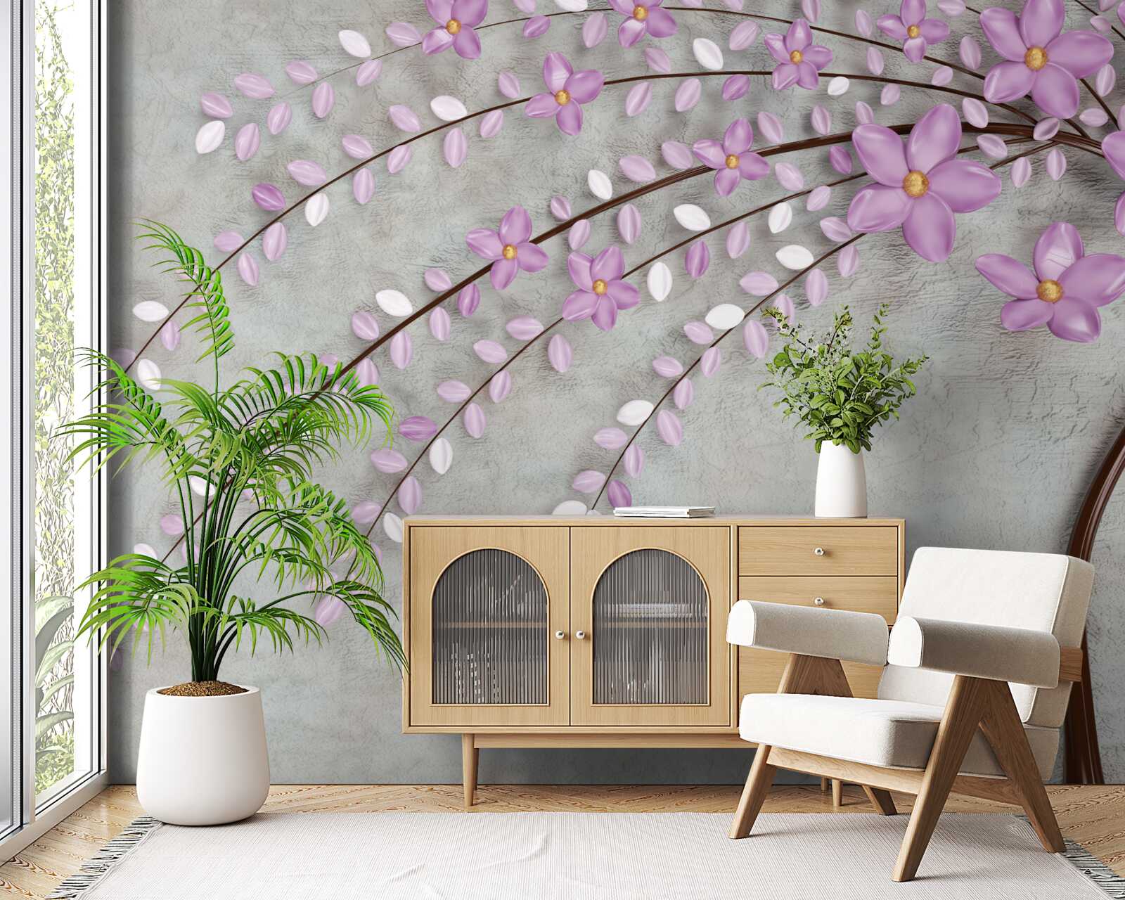 Papier peint arbre décoré de délicates fleurs de lilas
