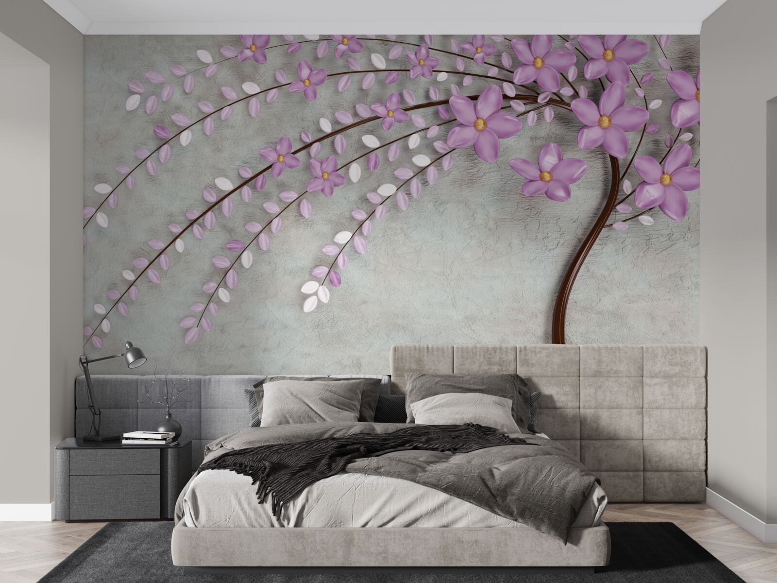 Papier peint arbre décoré de délicates fleurs de lilas