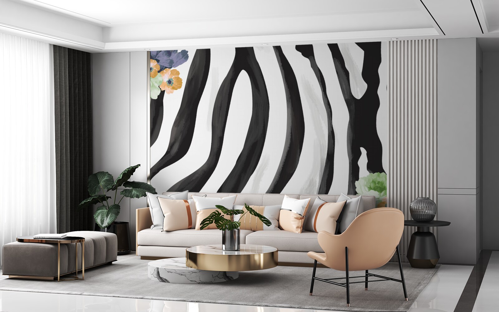 Papier peint fond avec des fleurs sur un fond de rayures noires et blanches