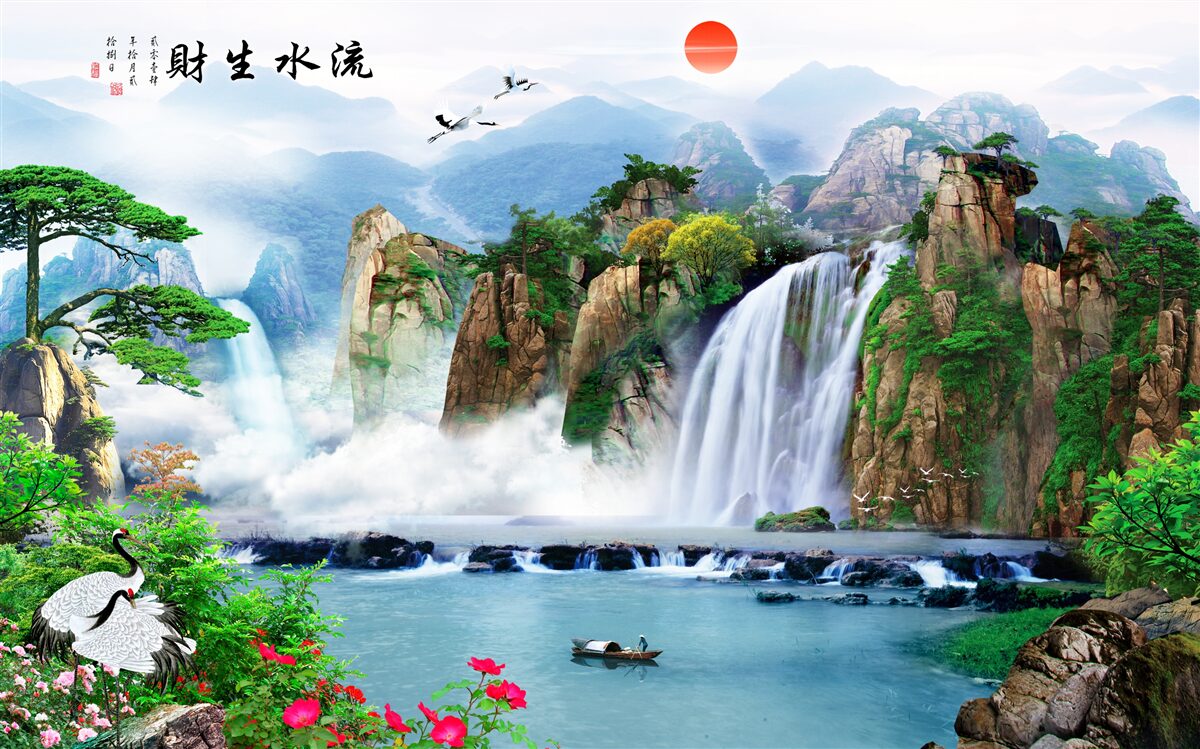 Papier peint vue magique sur la nature et la cascade