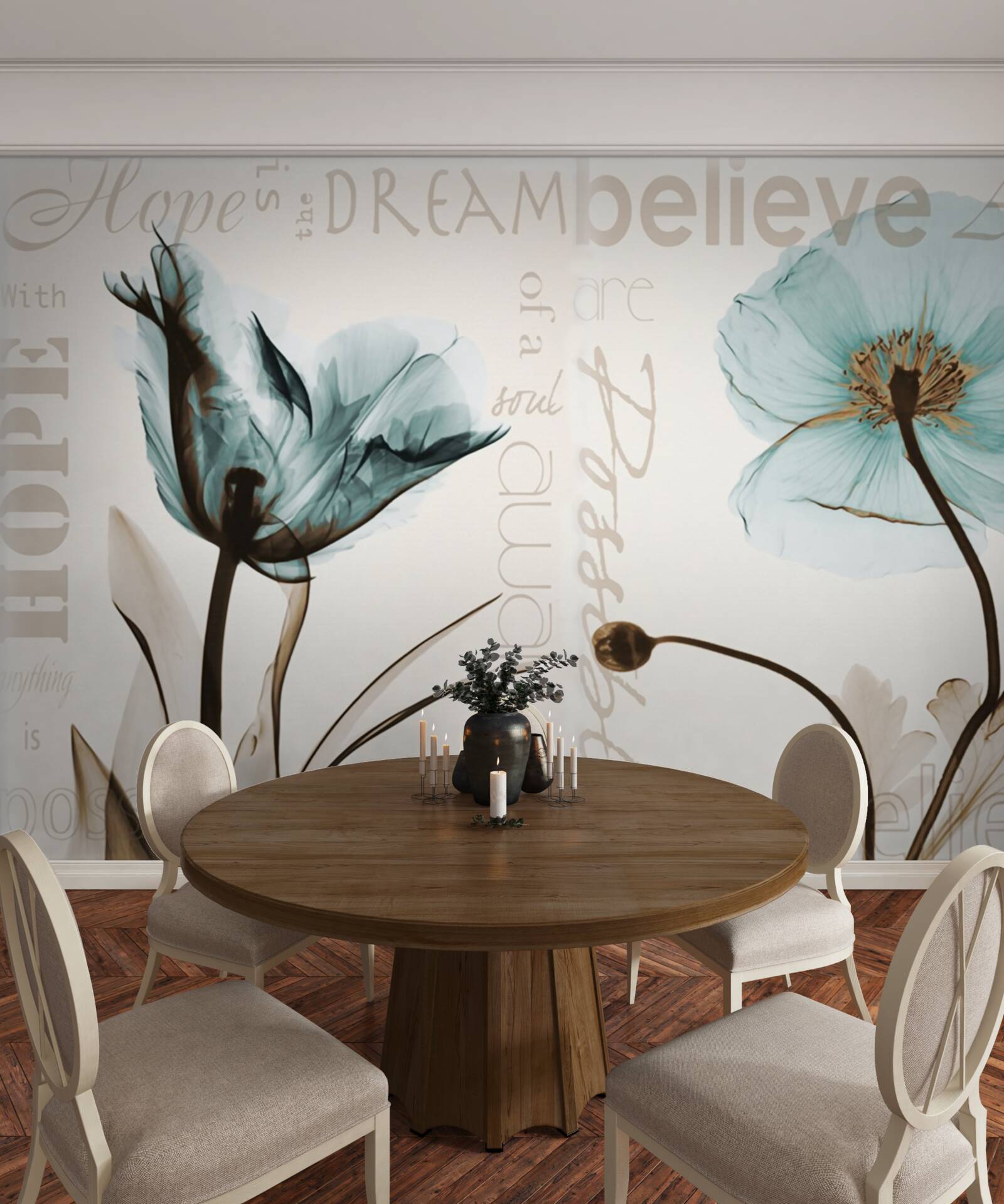 Papier peint coquelicots turquoise doux
