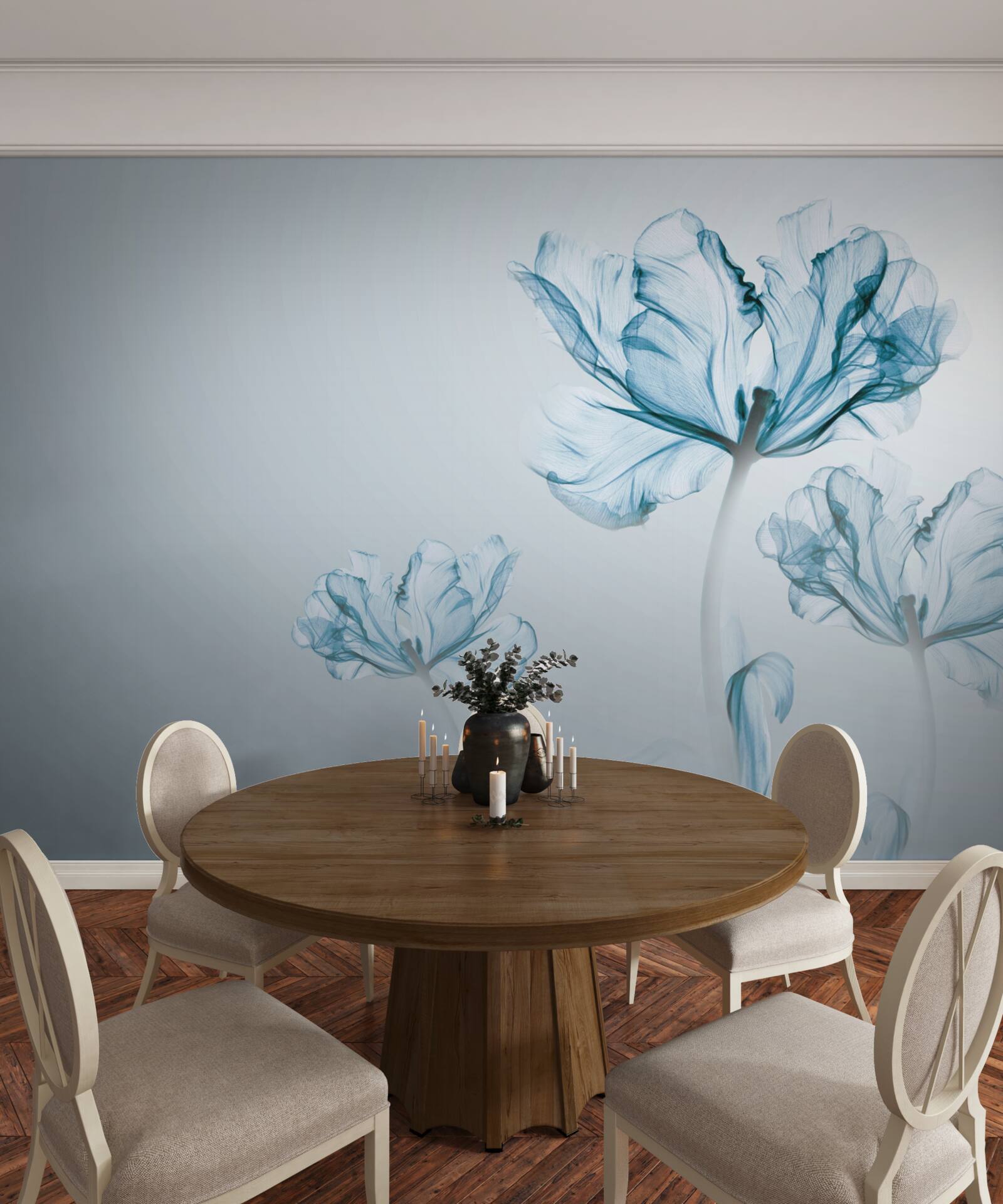 Papier peint fleurs bleues avec transparence