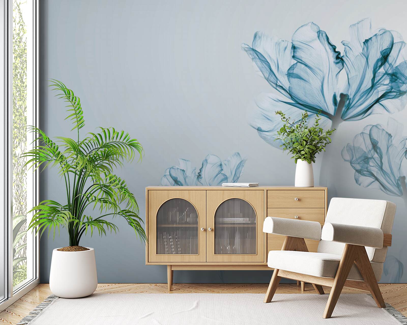 Papier peint fleurs bleues avec transparence