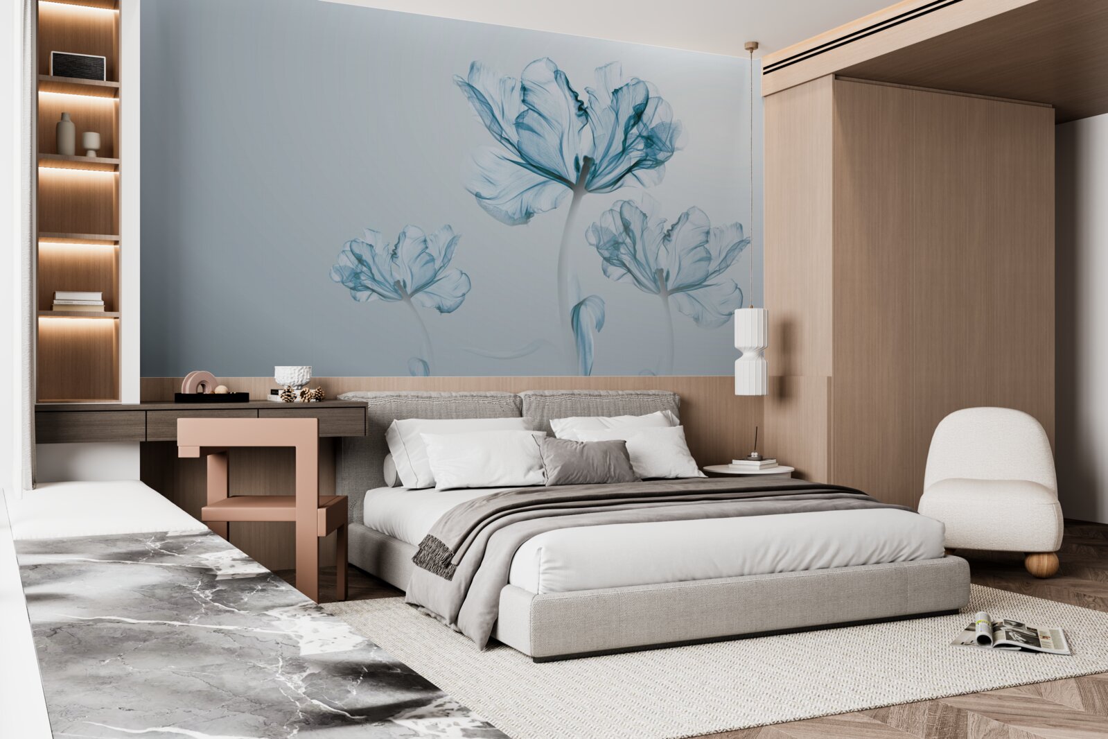 Papier peint fleurs bleues avec transparence