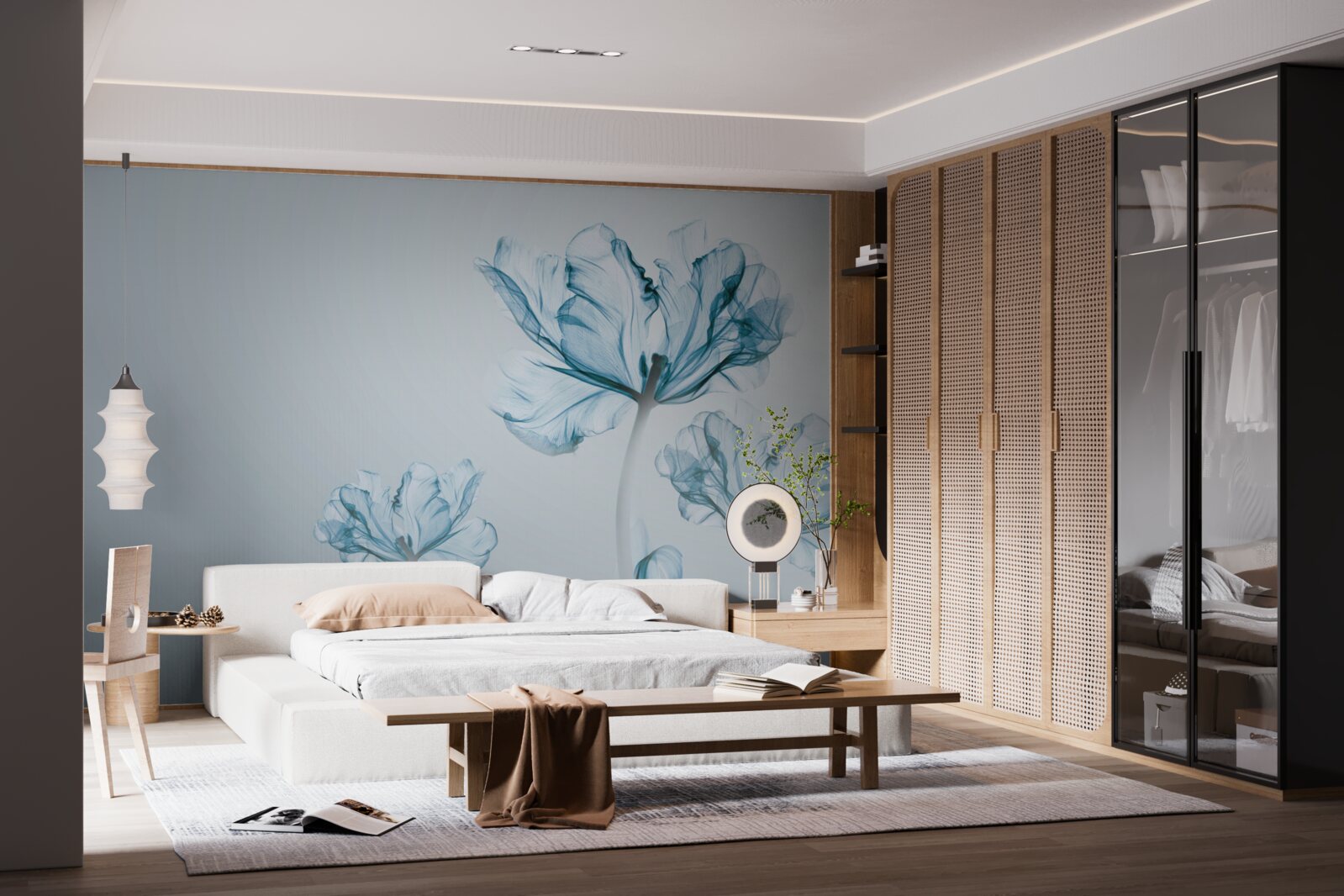 Papier peint fleurs bleues avec transparence