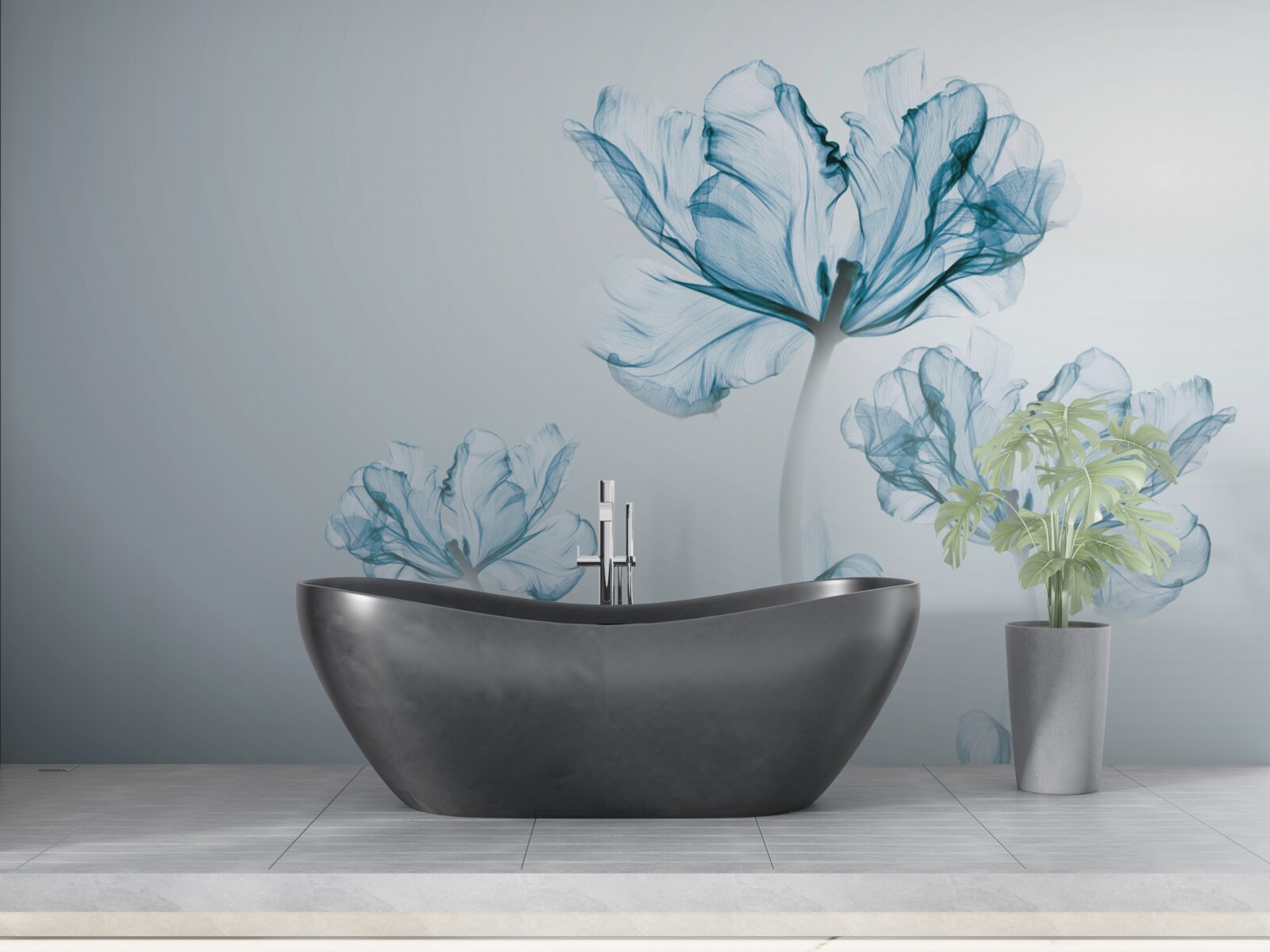 Papier peint fleurs bleues avec transparence