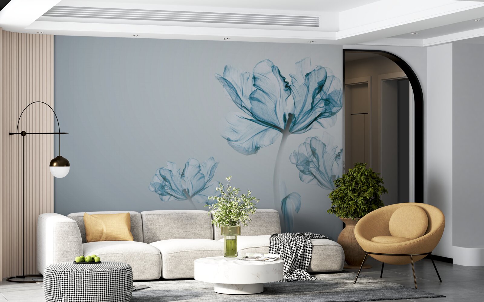 Papier peint fleurs bleues avec transparence
