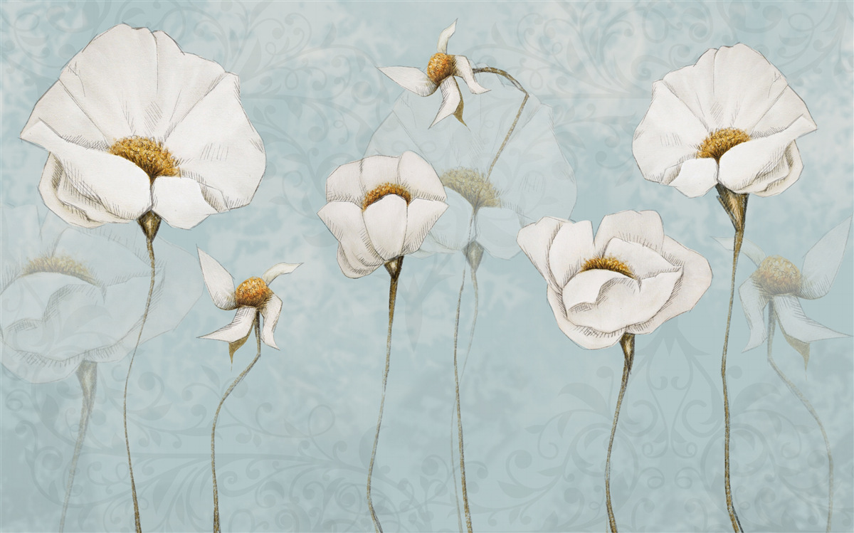 Papier peint Les coquelicots sont blancs comme la neige, sur des troncs hauts et délicats.