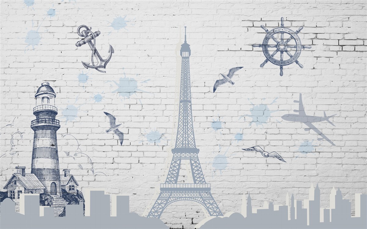 Papier peint Tour Eiffel et phare sur le mur