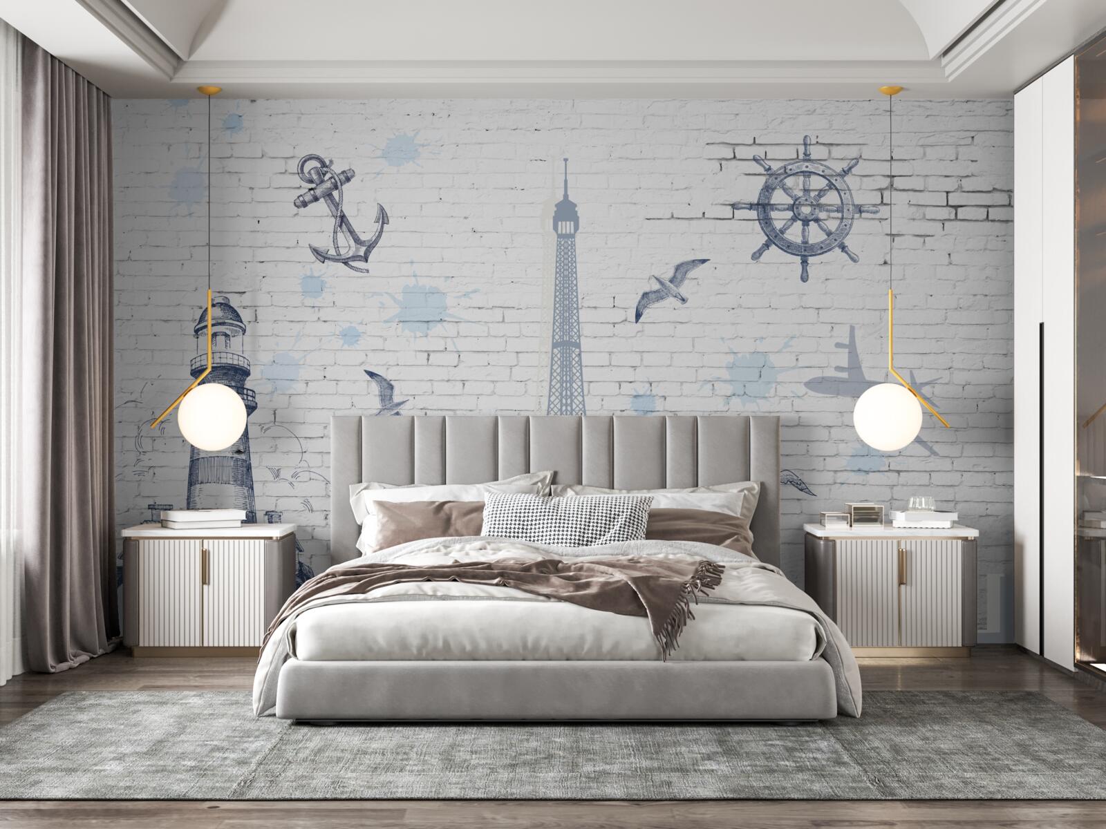 Papier peint Tour Eiffel et phare sur le mur