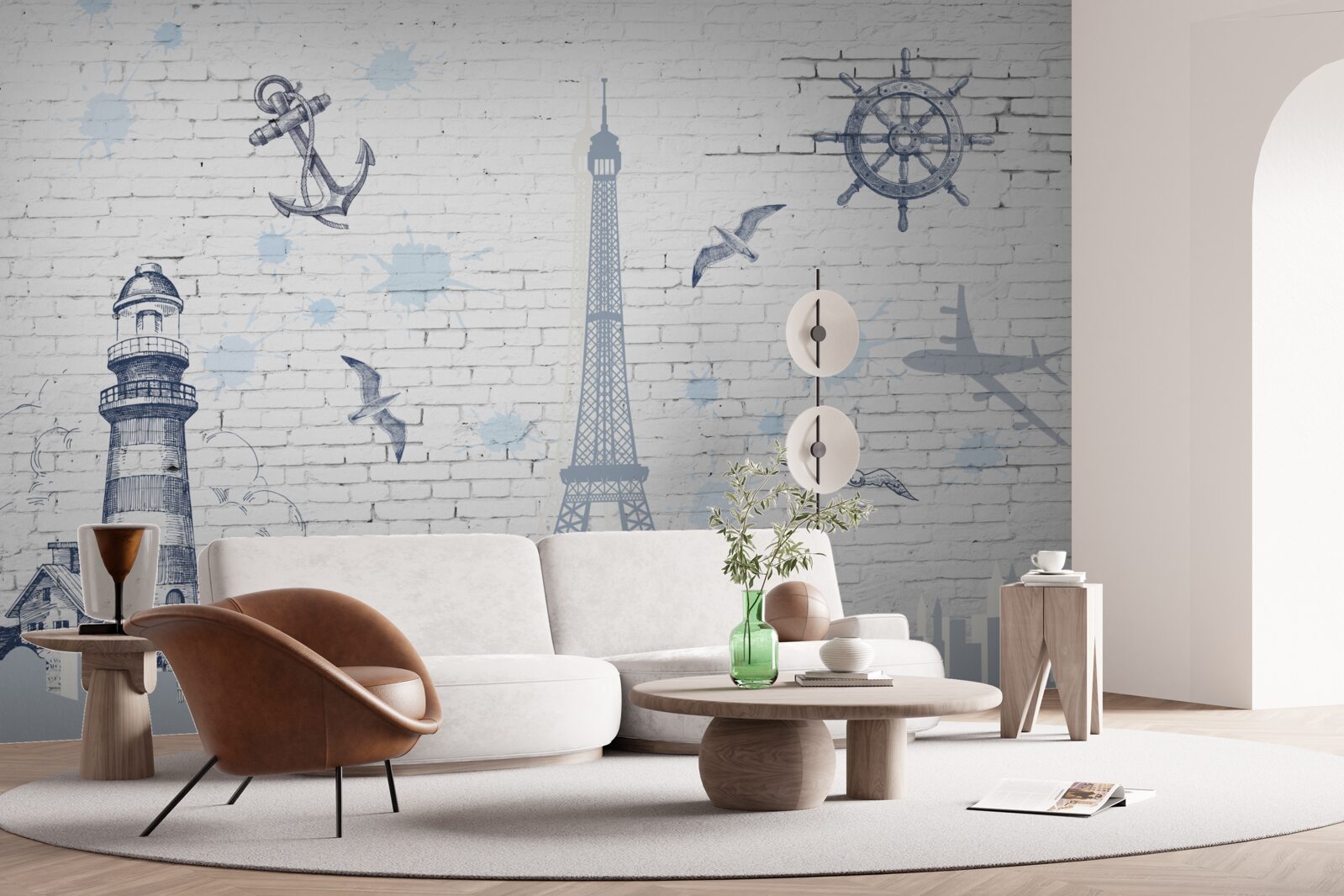Papier peint Tour Eiffel et phare sur le mur