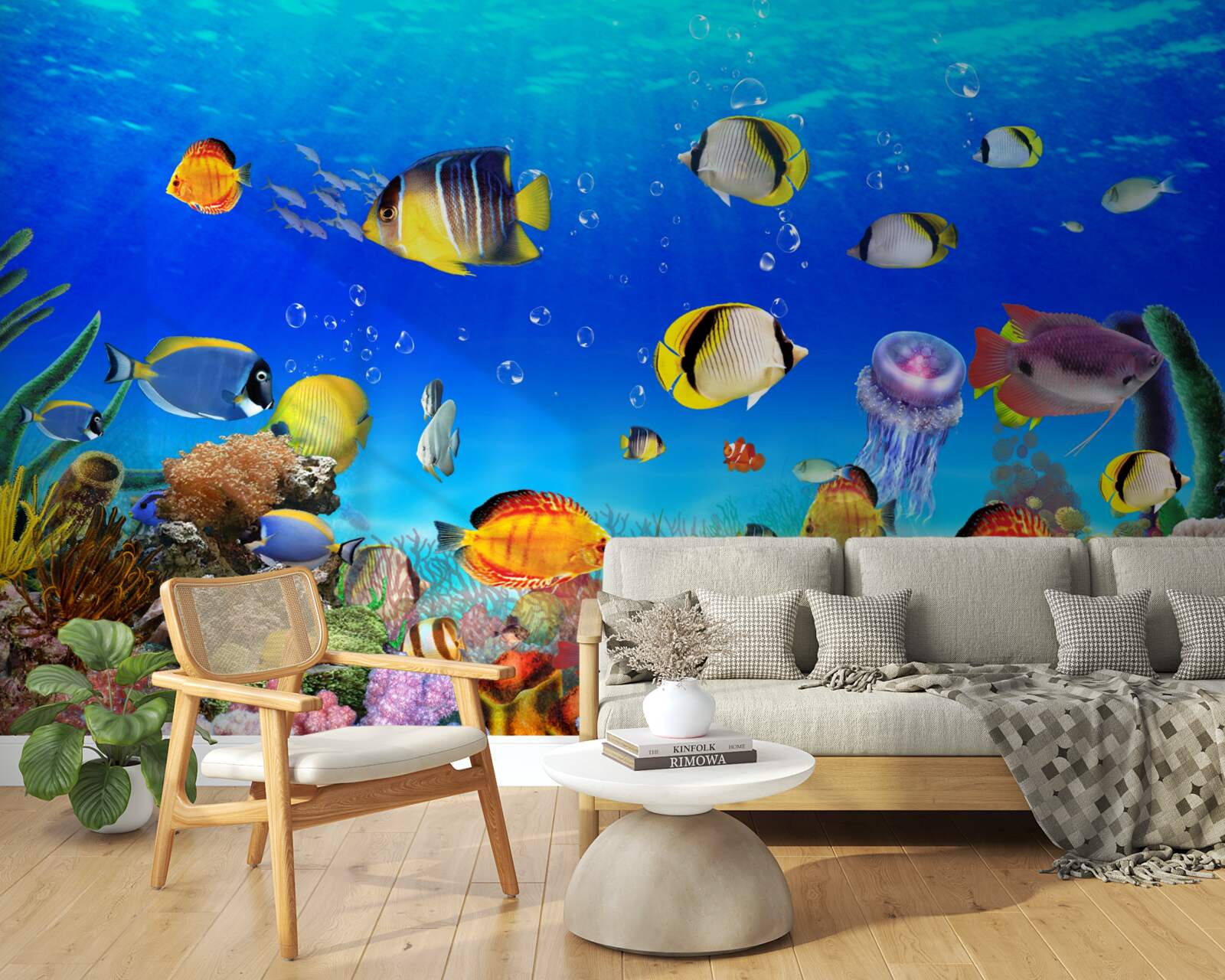 Papier peint poisson coloré dans l'eau bleue