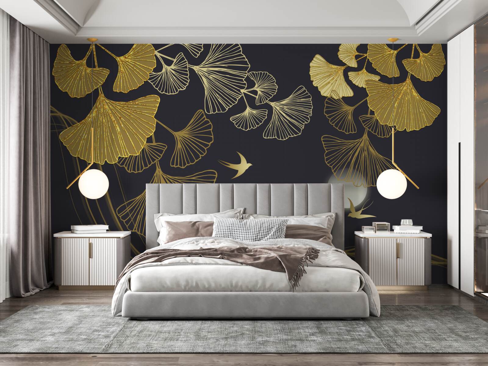 Papier peint des feuilles aux teintes dorées et des vagues de la mer