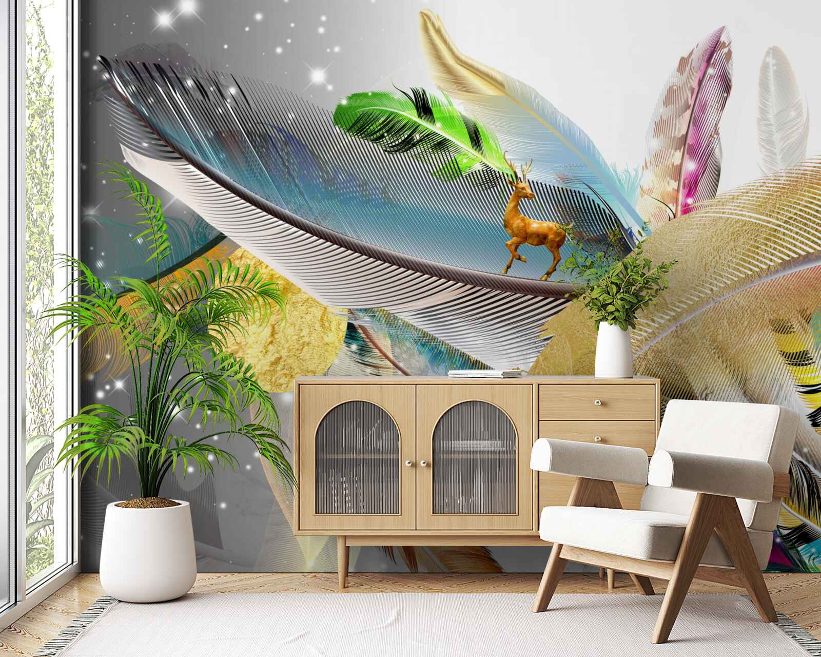 Papier peint parmi les plumes brillantes se trouve un cerf