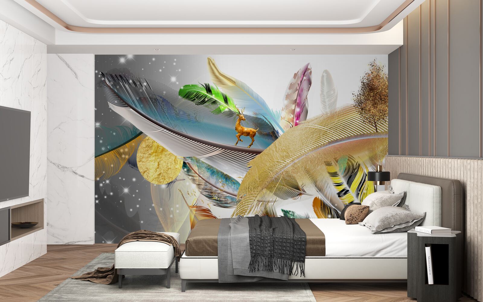 Papier peint parmi les plumes brillantes se trouve un cerf