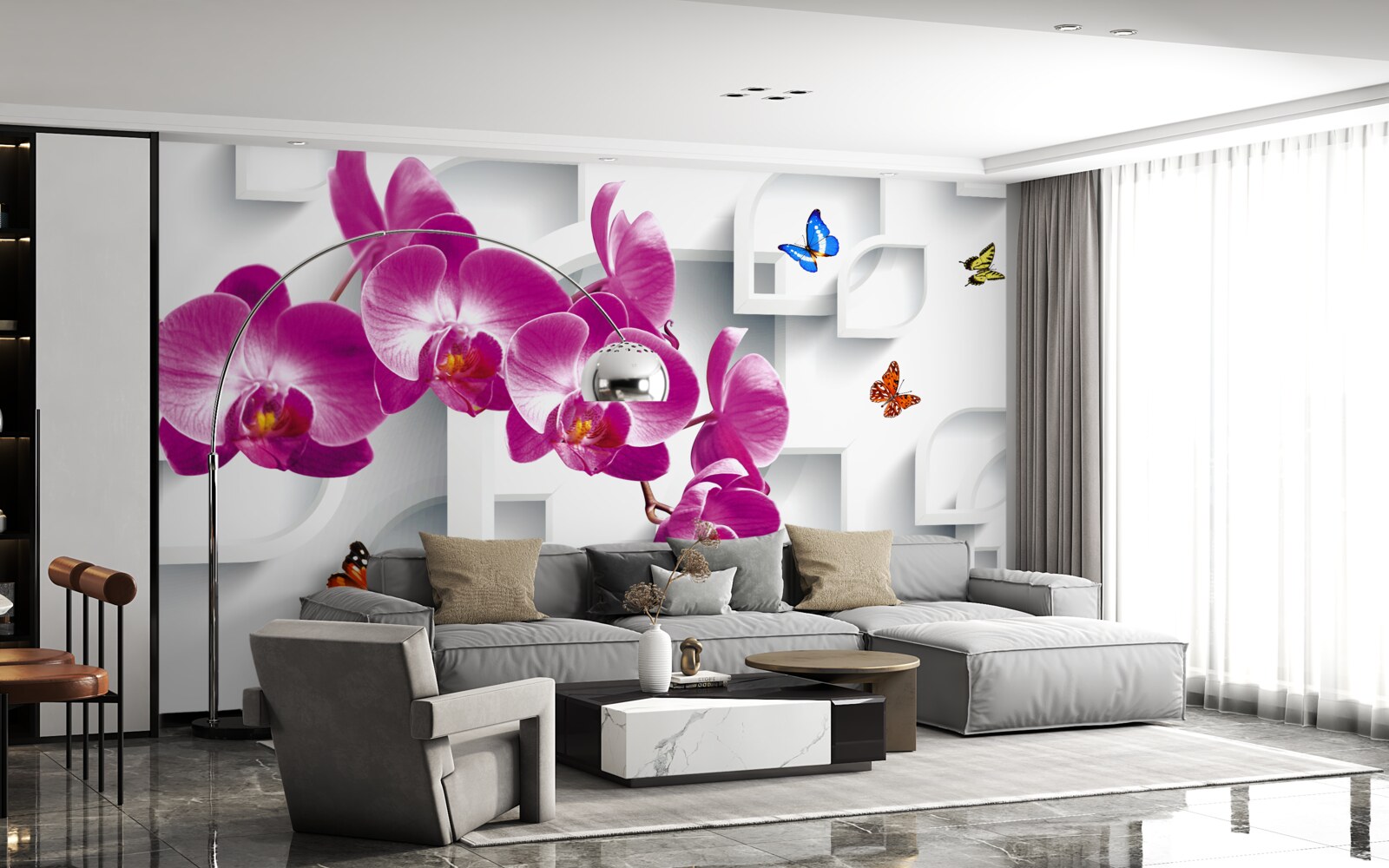 Papier peint orchidée lilas décorée de papillons