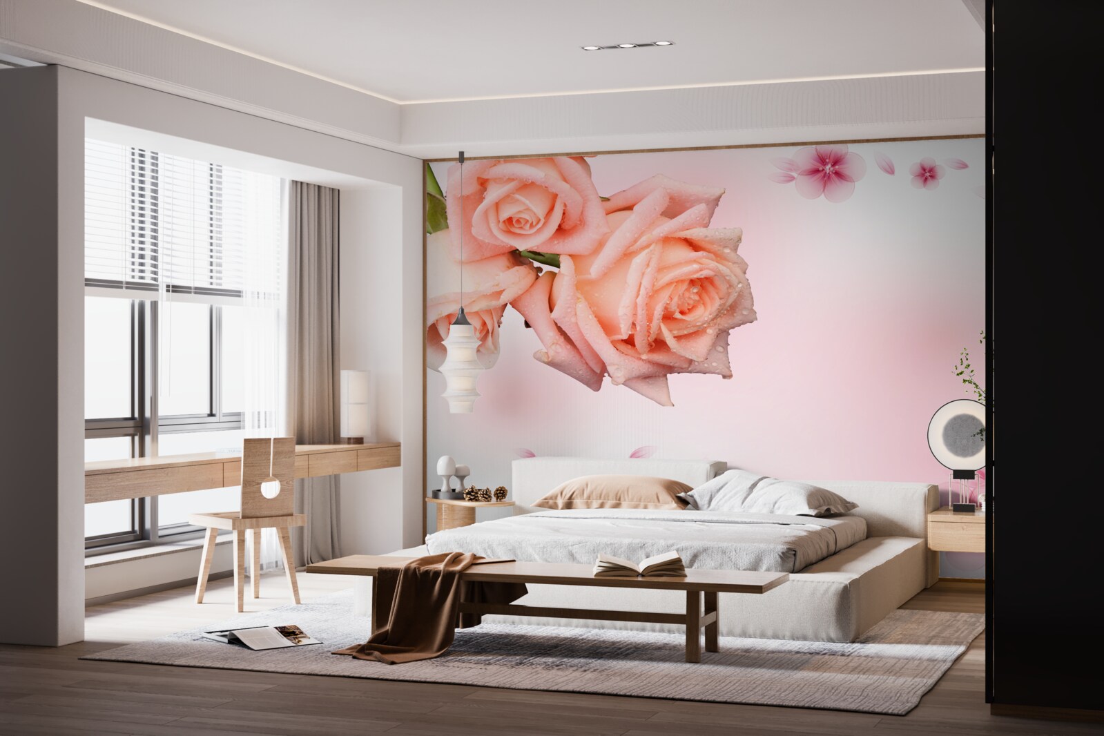 Papier peint fleurs roses sur fond de même couleur