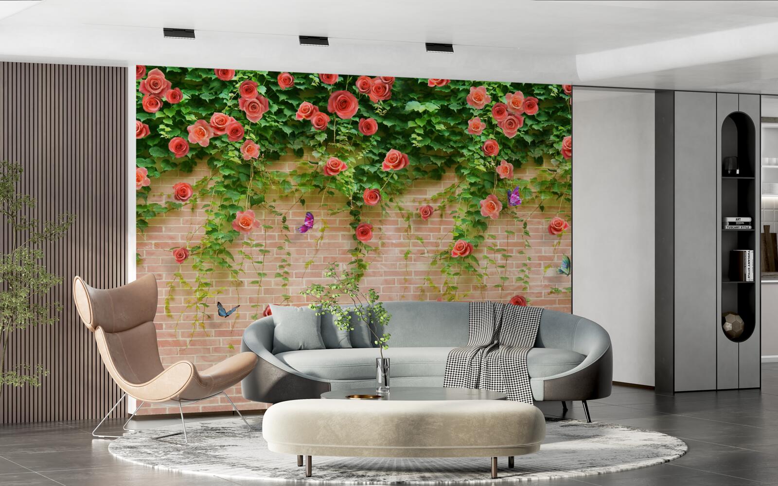 Papier peint fleurs pourpres sur un mur de briques