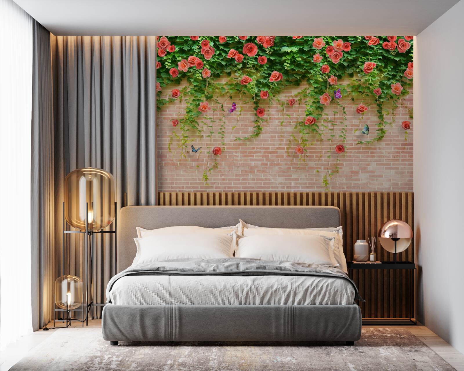 Papier peint fleurs pourpres sur un mur de briques