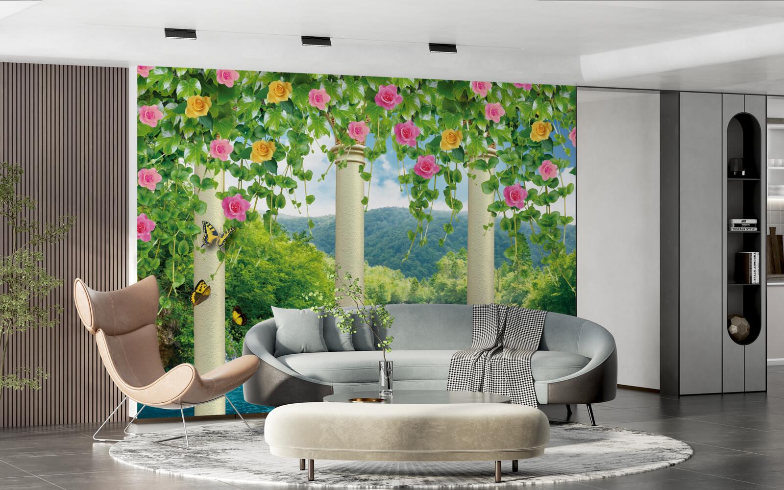 Papier peint belle vue de la cascade à travers les couleurs des fleurs