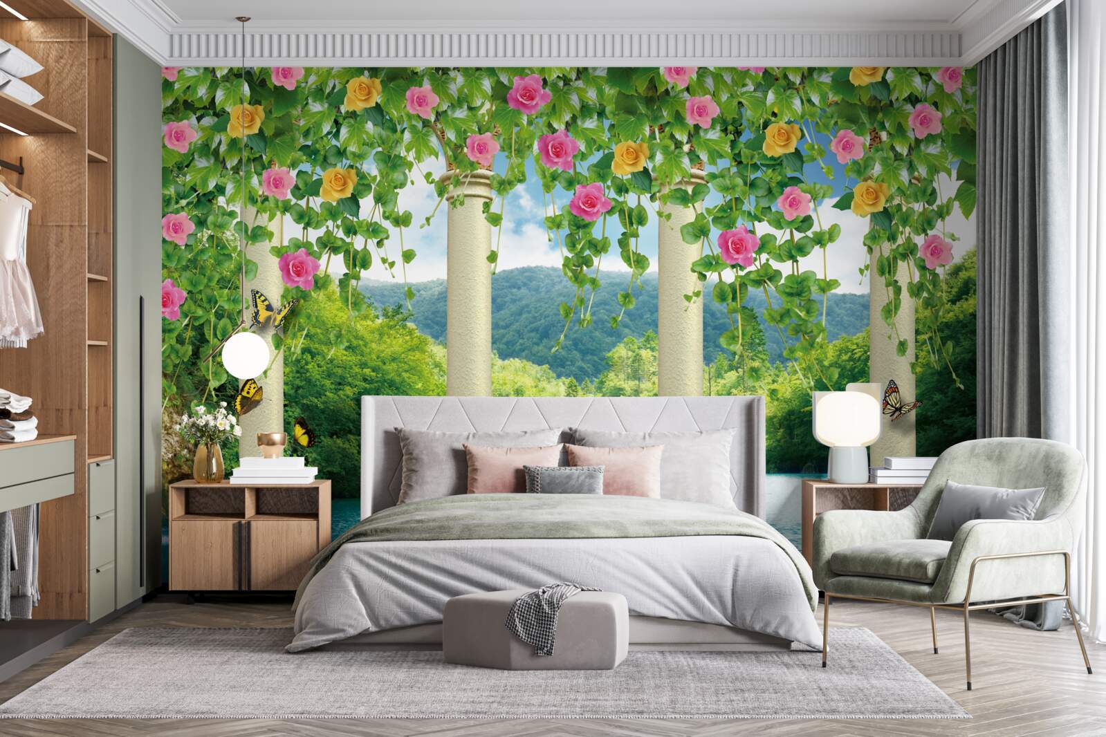 Papier peint belle vue de la cascade à travers les couleurs des fleurs