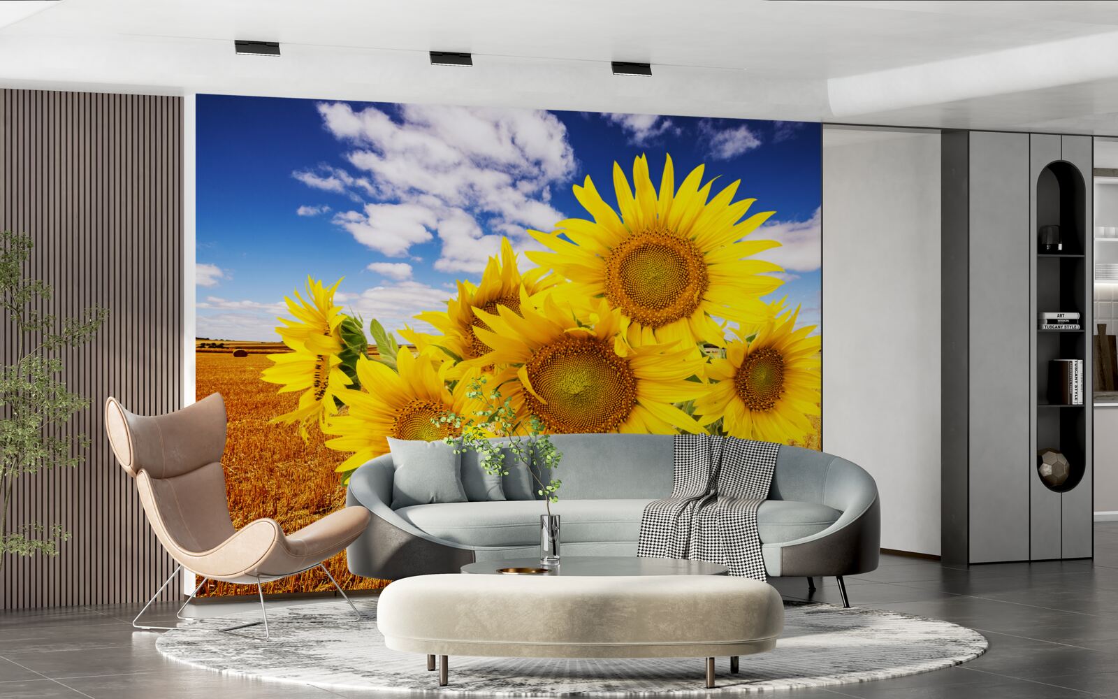 Papier peint un bouquet de tournesols se détache sur le ciel et un champ de blé