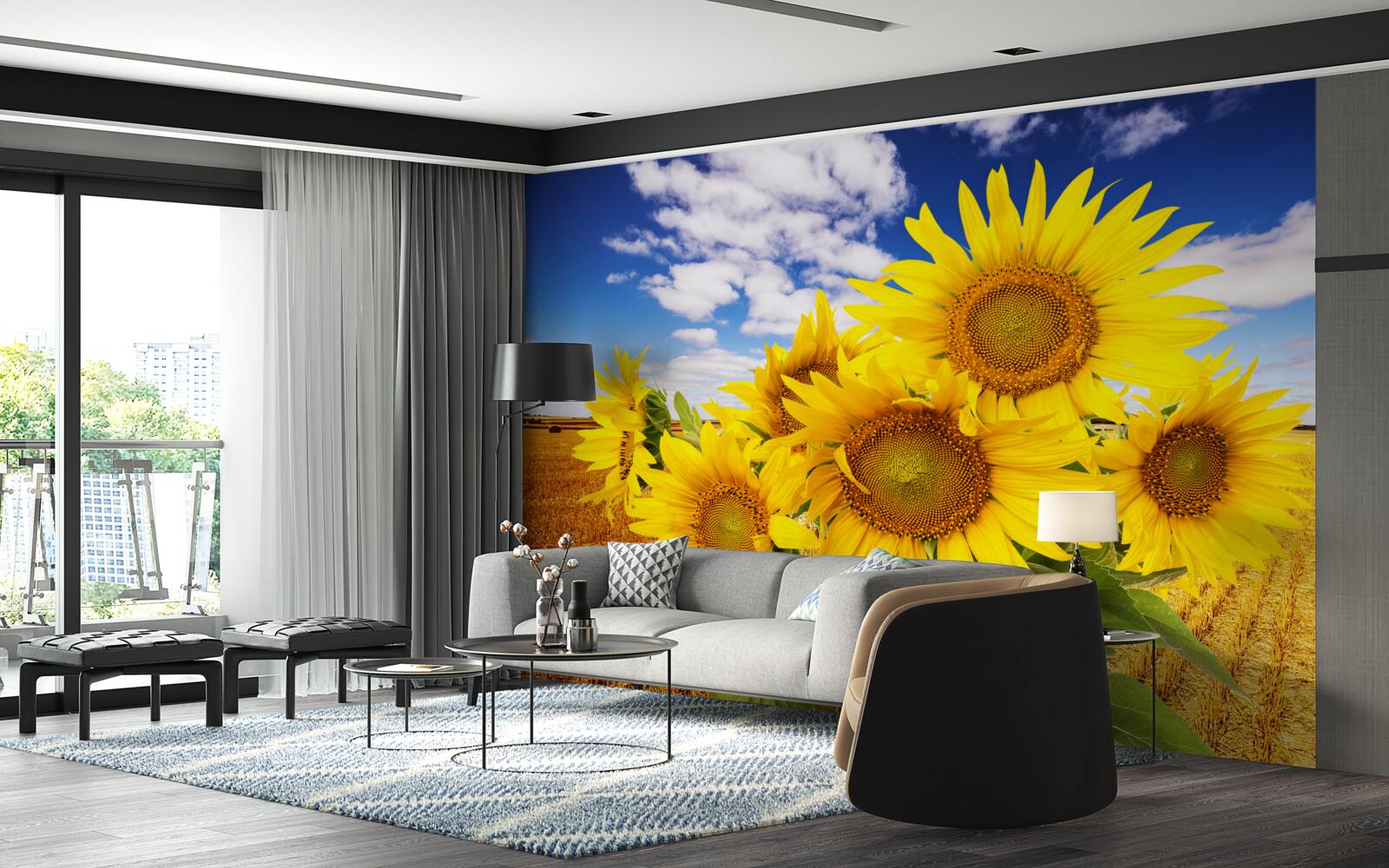Papier peint un bouquet de tournesols se détache sur le ciel et un champ de blé
