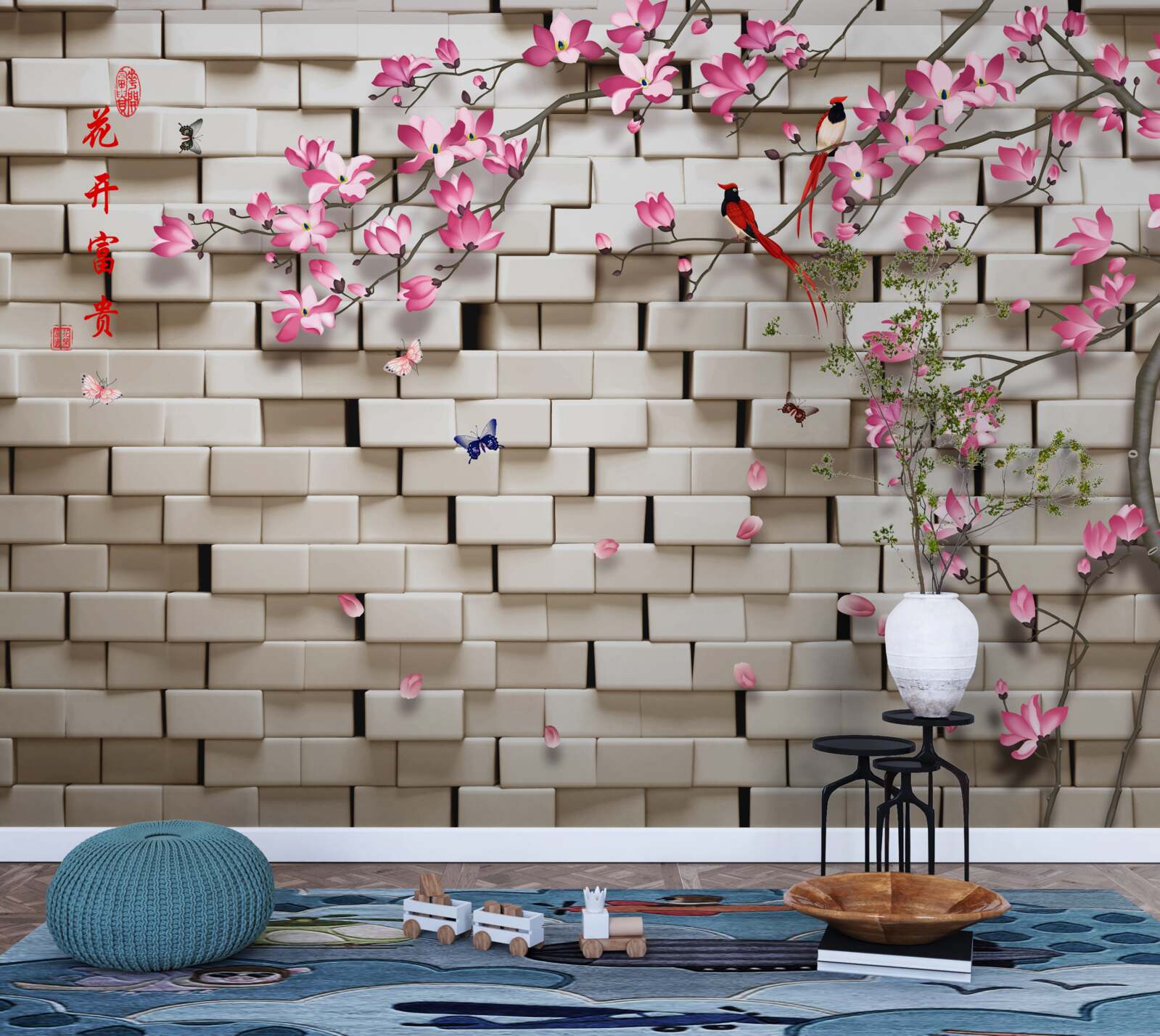Papier peint mur de pierres et fleurs roses