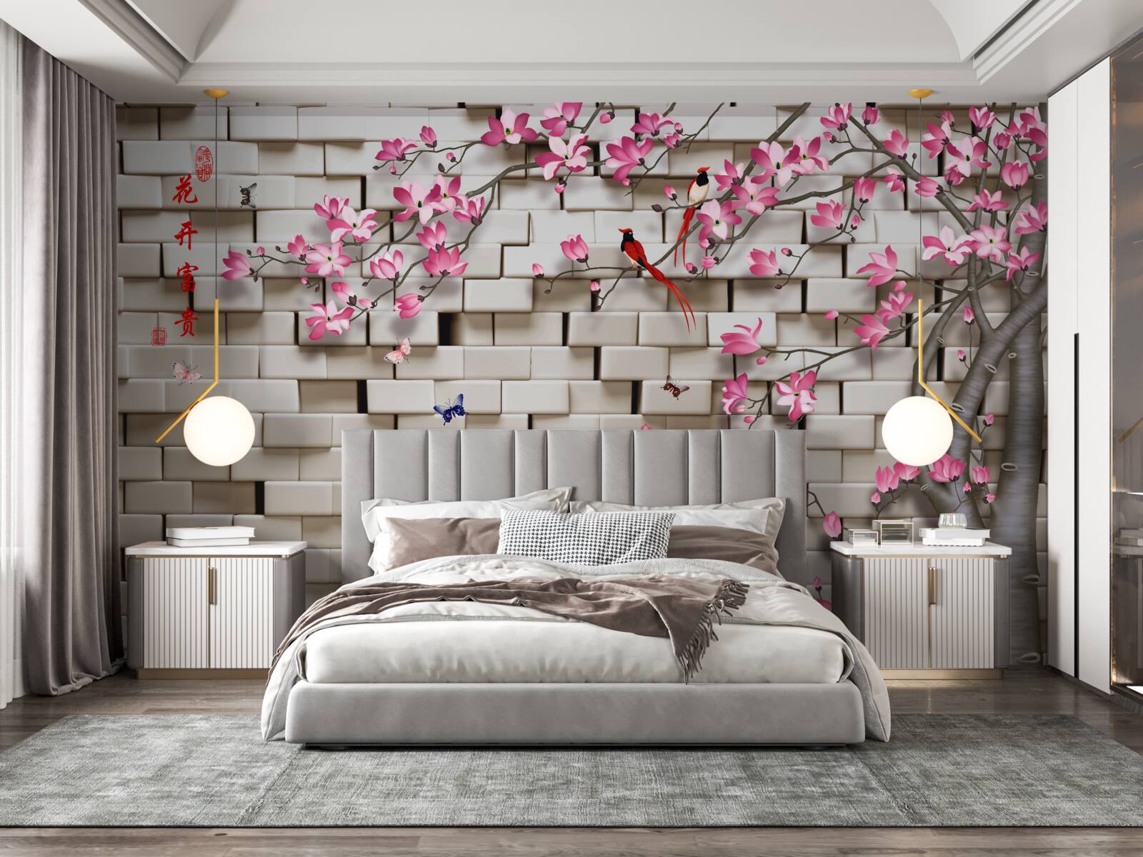 Papier peint mur de pierres et fleurs roses