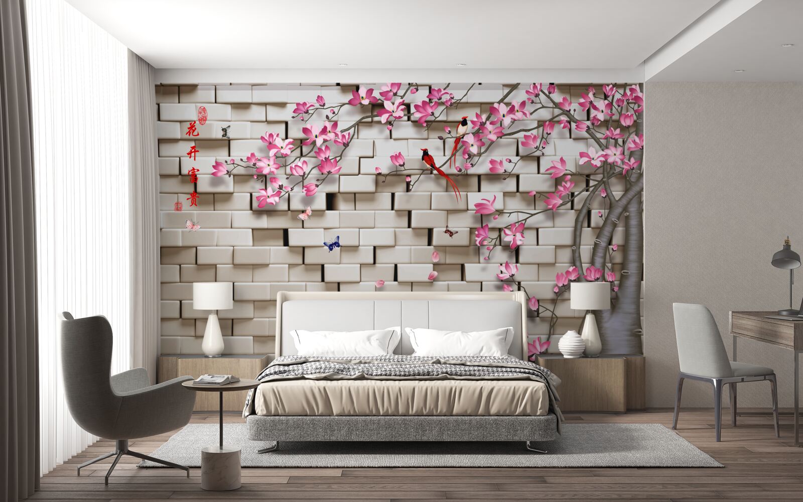 Papier peint mur de pierres et fleurs roses