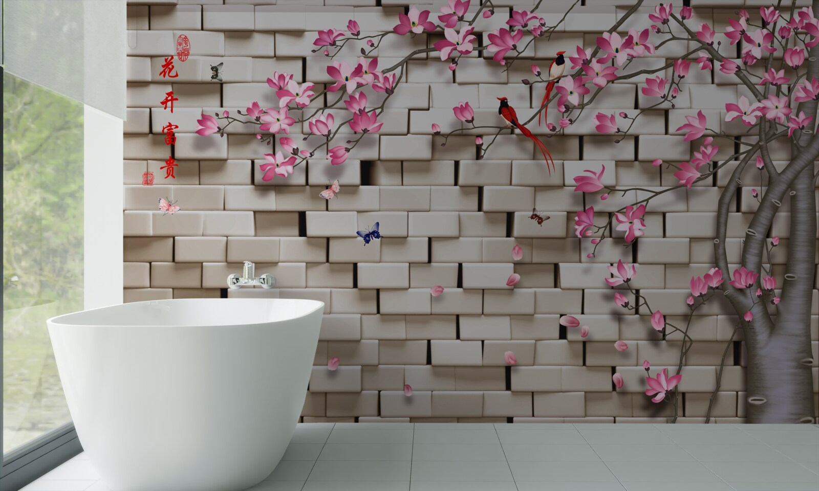 Papier peint mur de pierres et fleurs roses