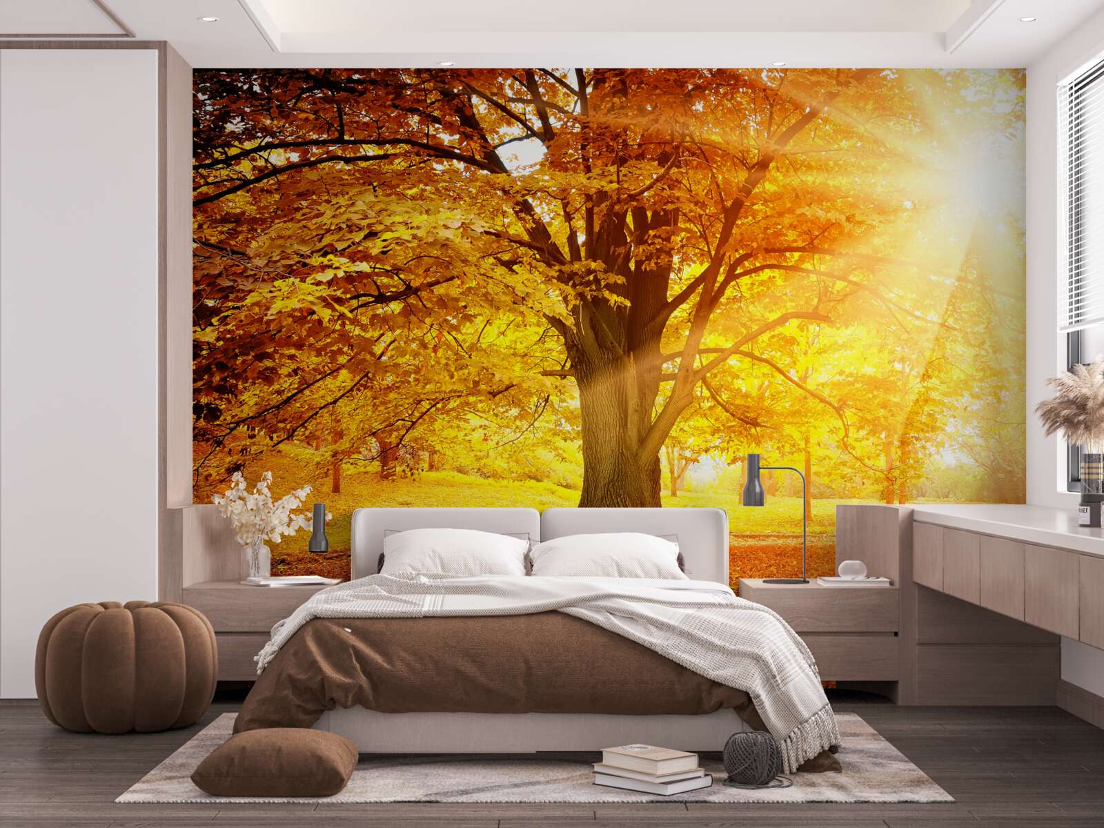 Papier peint la lumière vive du soleil pénètre la brume automnale de la forêt