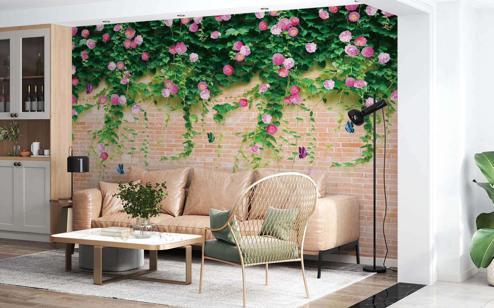 Papier peint roses roses sur un mur de briques