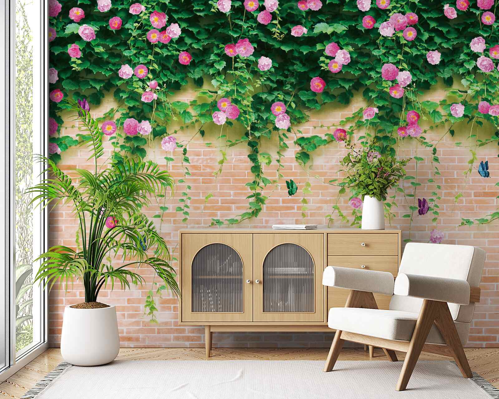 Papier peint roses roses sur un mur de briques