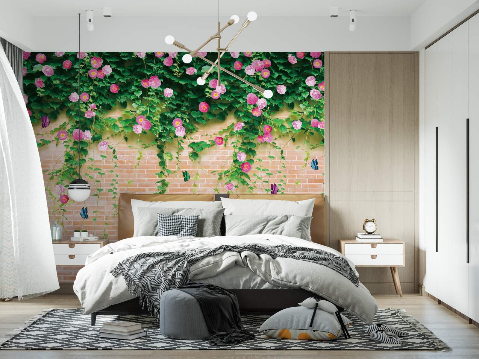 Papier peint roses roses sur un mur de briques