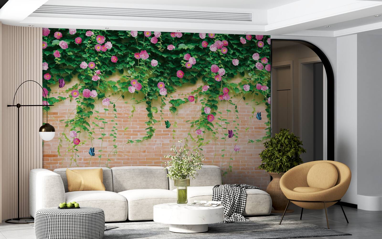Papier peint roses roses sur un mur de briques