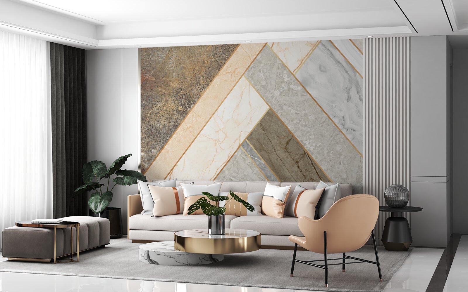 Papier peint mosaïque sur marbre dans des tons clairs