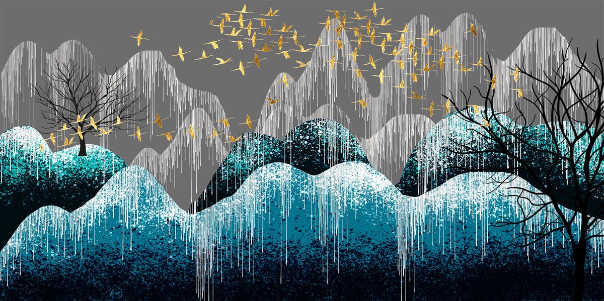 Papier peint forêt de nuit et vol d'oiseaux en brocart d'or
