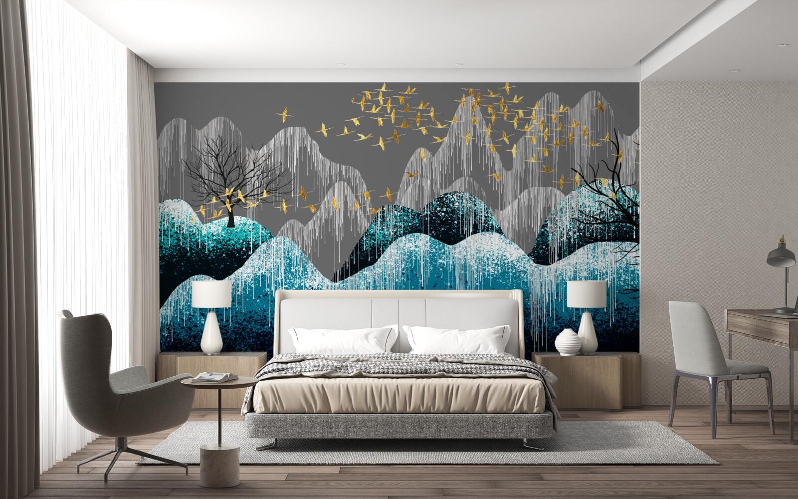 Papier peint forêt de nuit et vol d'oiseaux en brocart d'or