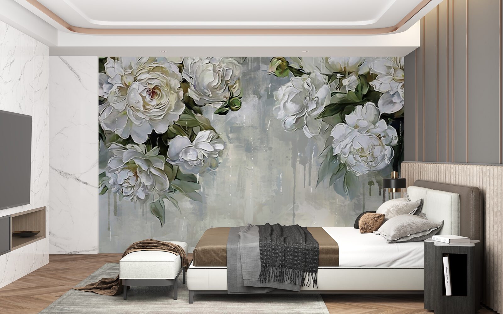 Papier peint il y a de grandes fleurs blanches sur le mur en béton