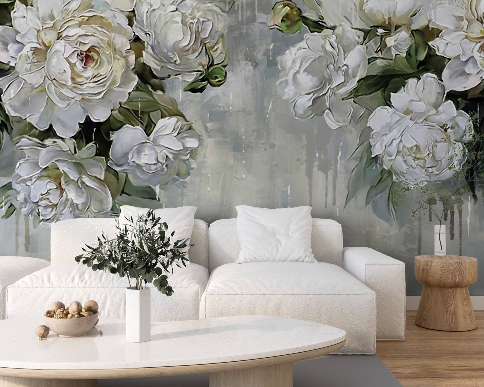 Papier peint il y a de grandes fleurs blanches sur le mur en béton
