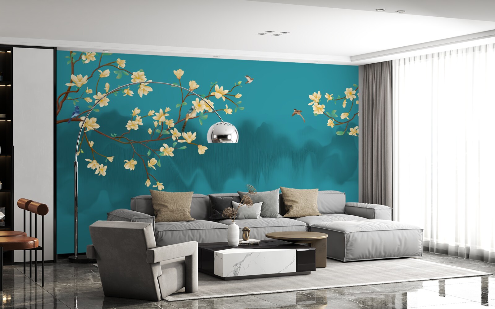 Papier peint Magnolia jaune en pleine floraison sur une eau mystique et brumeuse