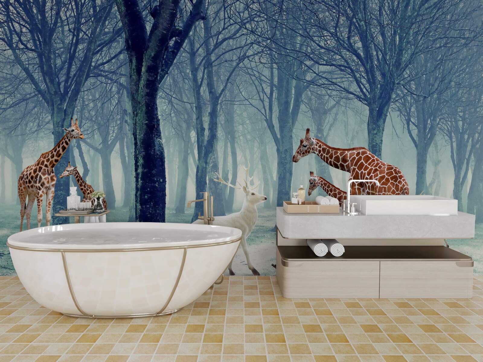 Papier peint Les girafes se font un nouvel ami