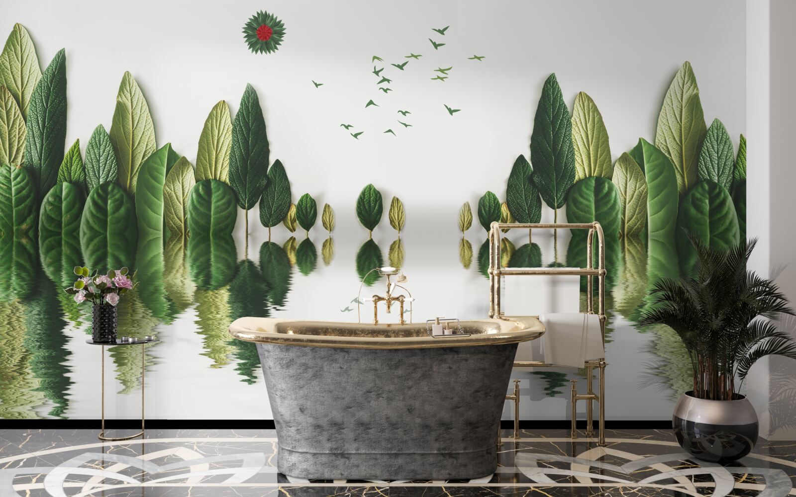 Papier peint reflet d'une forêt couverte de feuilles dans un miroir d'eau