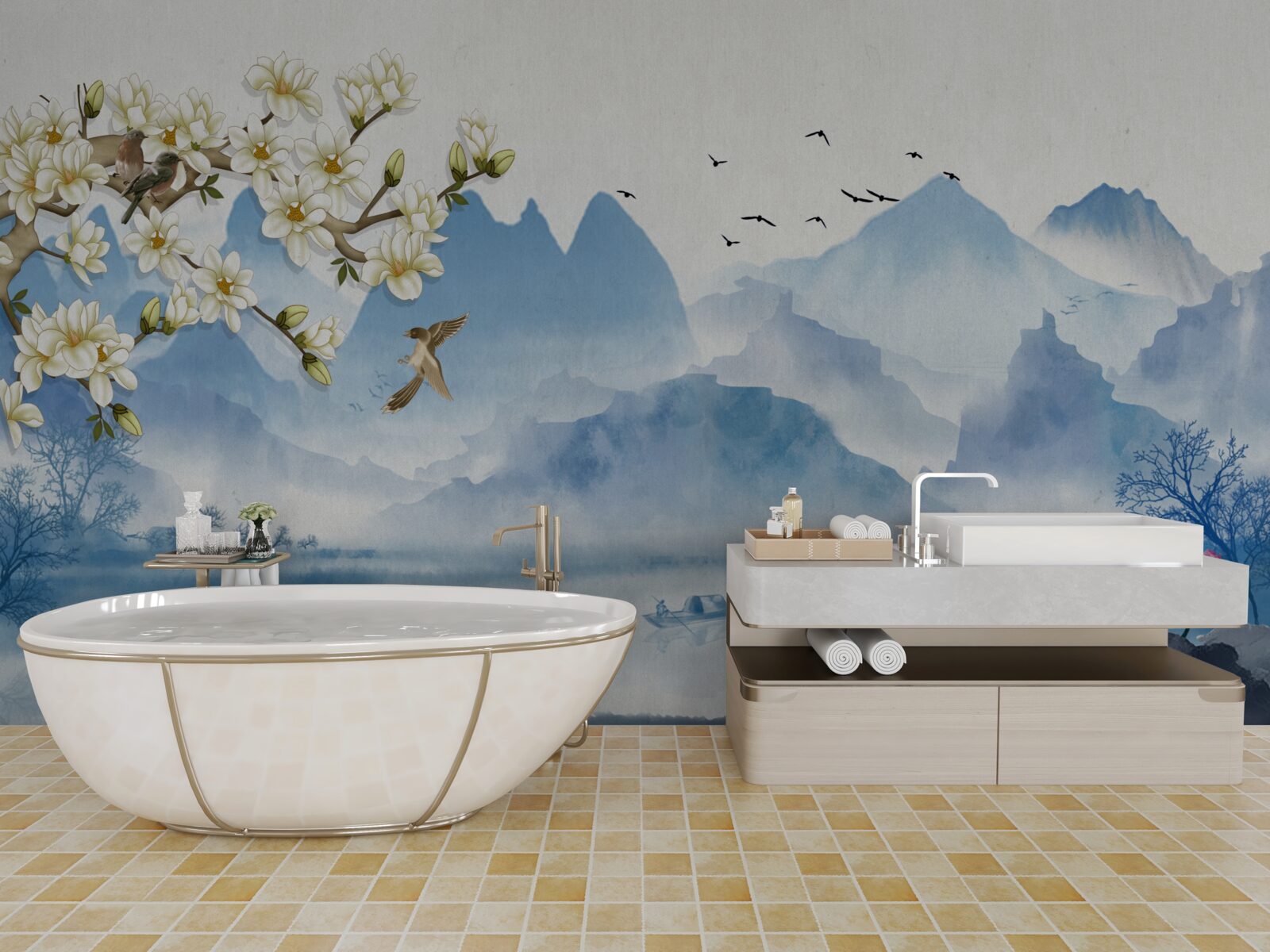 Papier peint aquarelles représentant des lacs de montagne en chine