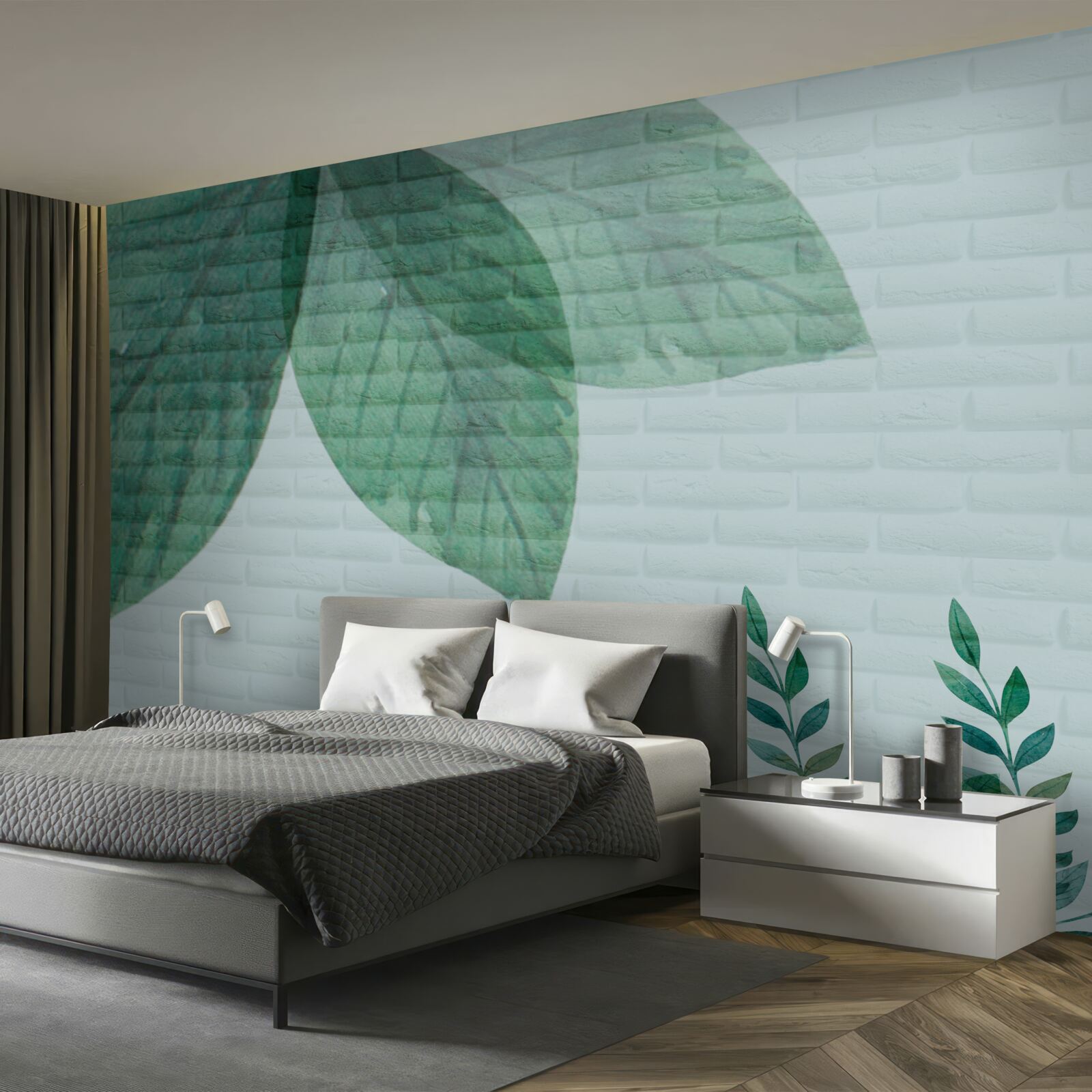 Papier peint aquarelle de feuilles vertes sur un mur de briques