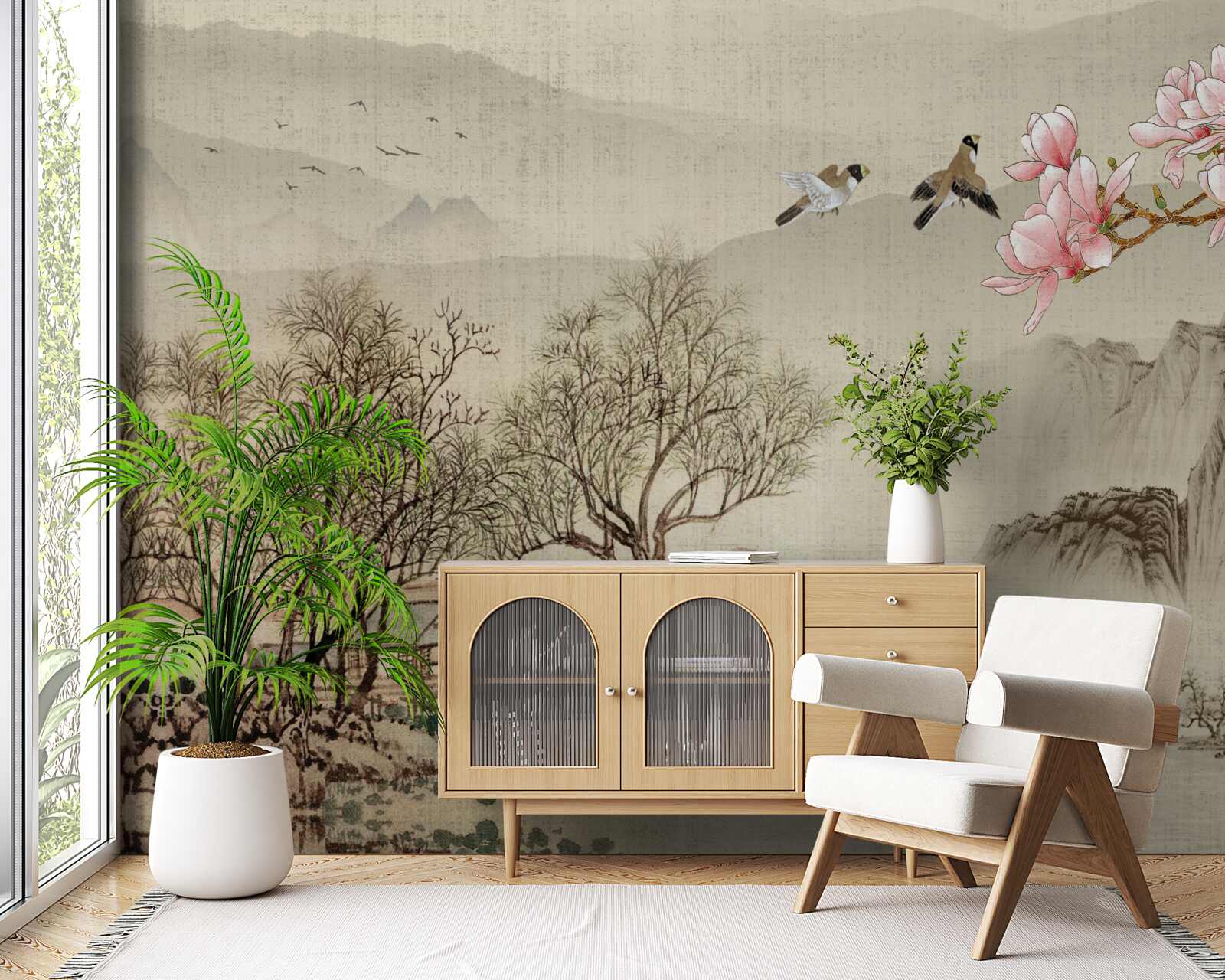 Papier peint magnolia en fleurs et rivière tranquille dans les montagnes